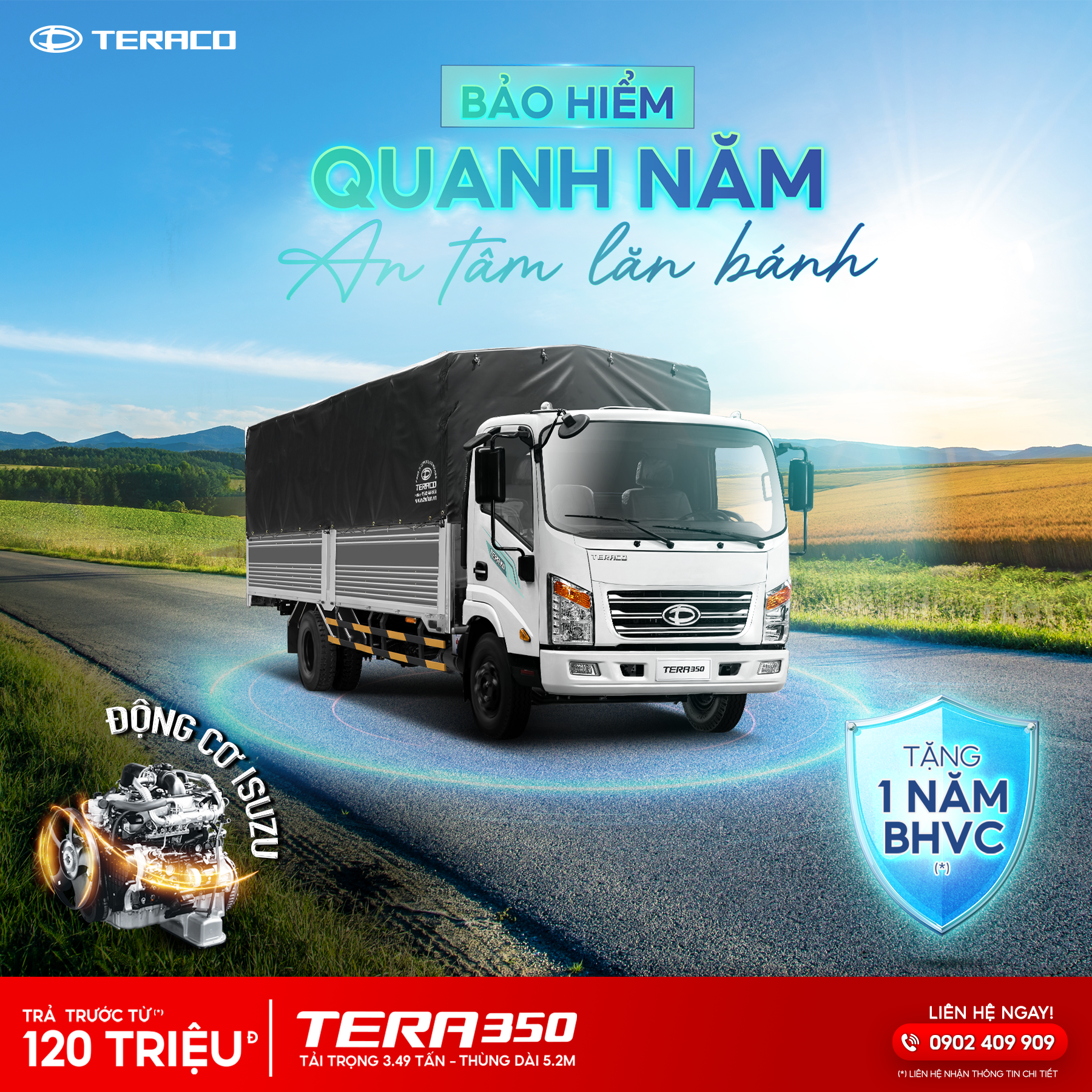 Xe Tải Tera 350 Thùng Bạt, Tải Trọng 3.5 Tấn, Thùng Dài 5m2