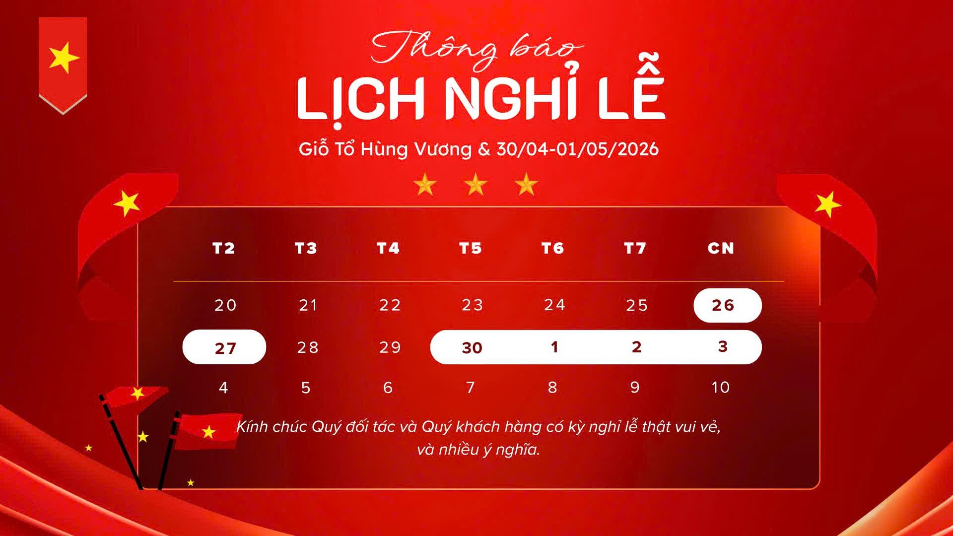 Thông Báo Lịch Nghỉ Lễ 30/4 - 1/5 Và Giỗ Tổ Hùng Vương