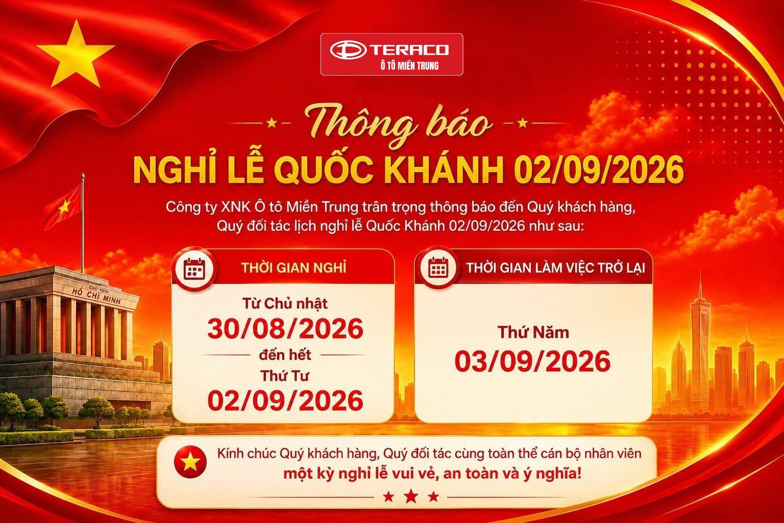 Thông Báo Lịch Nghỉ Lễ Quốc Khánh 02/09/2026 - Teraco Ô Tô Miền Trung